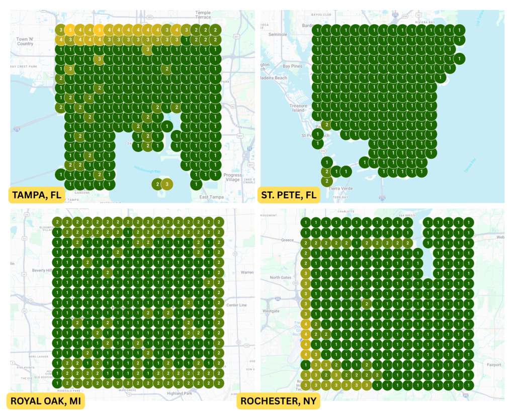 Local map rankings: Tampa FL, St. Pete FL, Royal Oak MI, Rochester NY