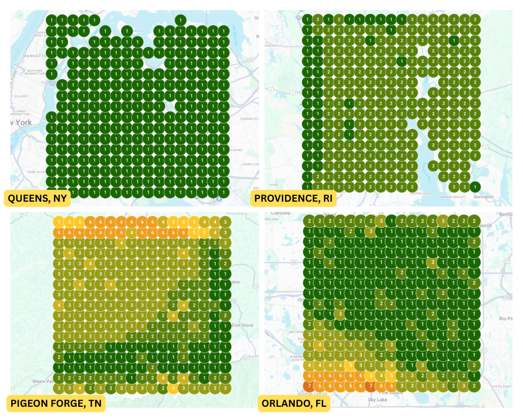 Local map rankings: Queens NY, Providence RI, Pigeon Forge TN, Orlando FL