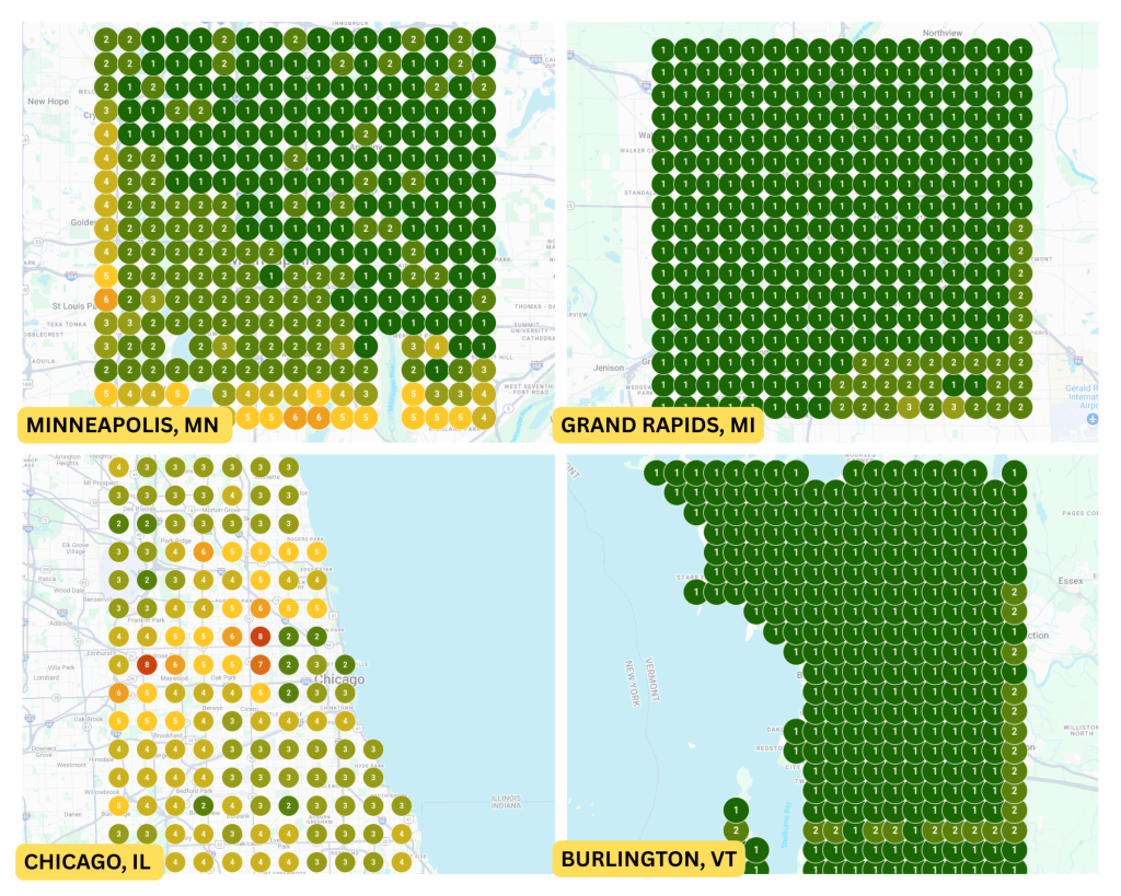 Local map rankings: Minneapolis MN, Grand Rapids MI, Chicago IL, Burlington VT
